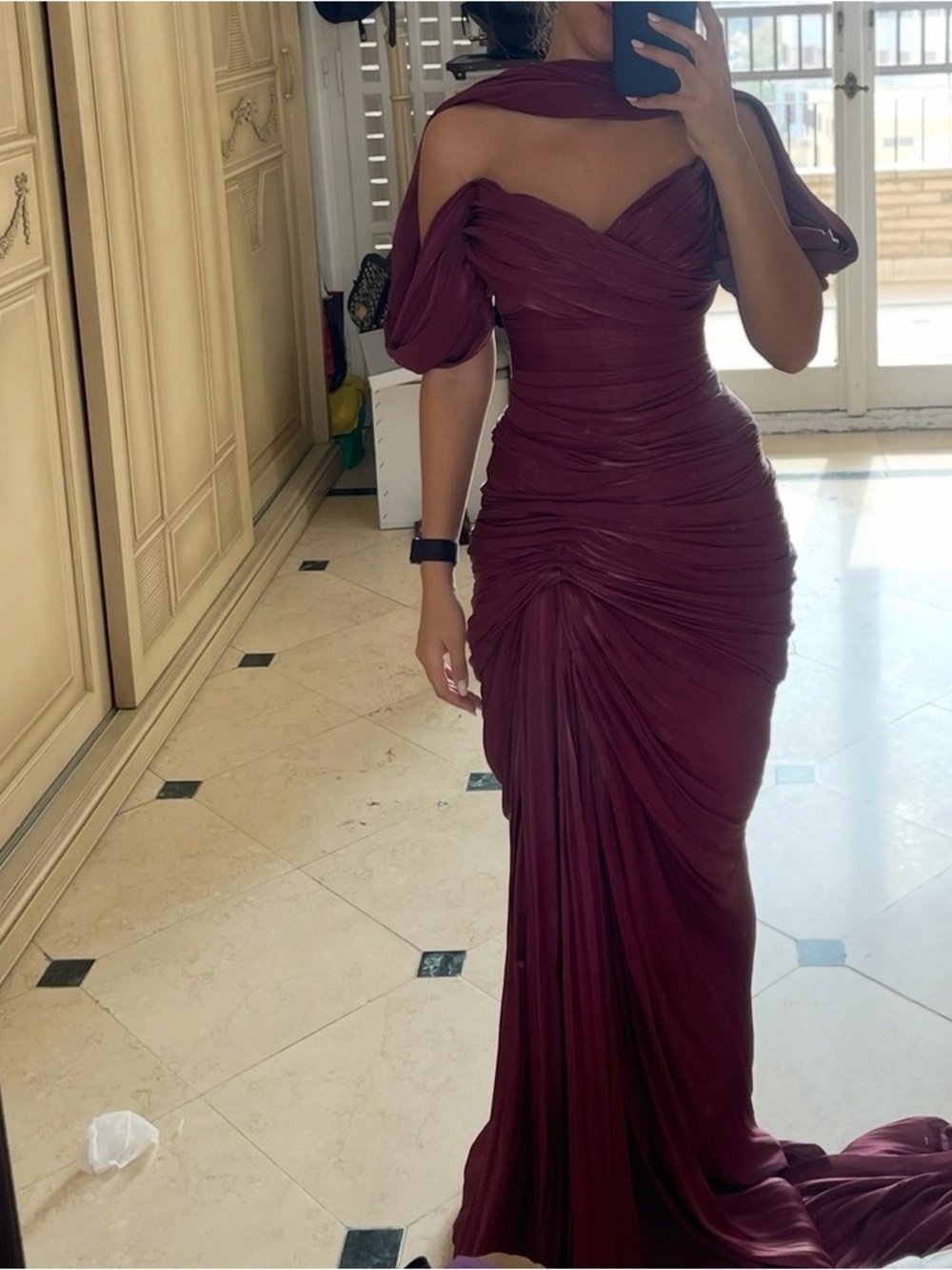 Valdrin Sahiti Burgundy Draped Off-Shoulder Evening Gown - Picture 10 of 10